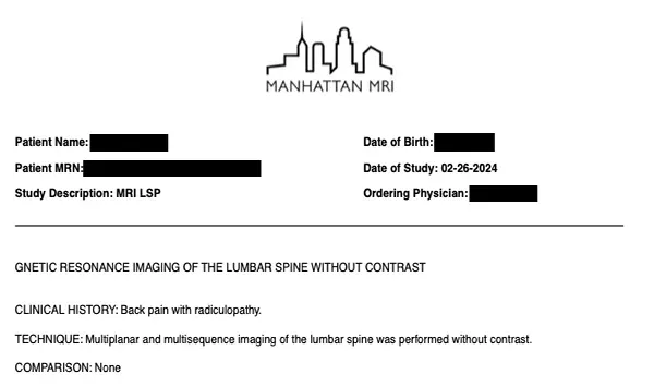 Redacted patient record labeled with Manhattan MRI, showing details such as study description, clinical history, technique, and comparison information, affected by the Radin Health data breach.