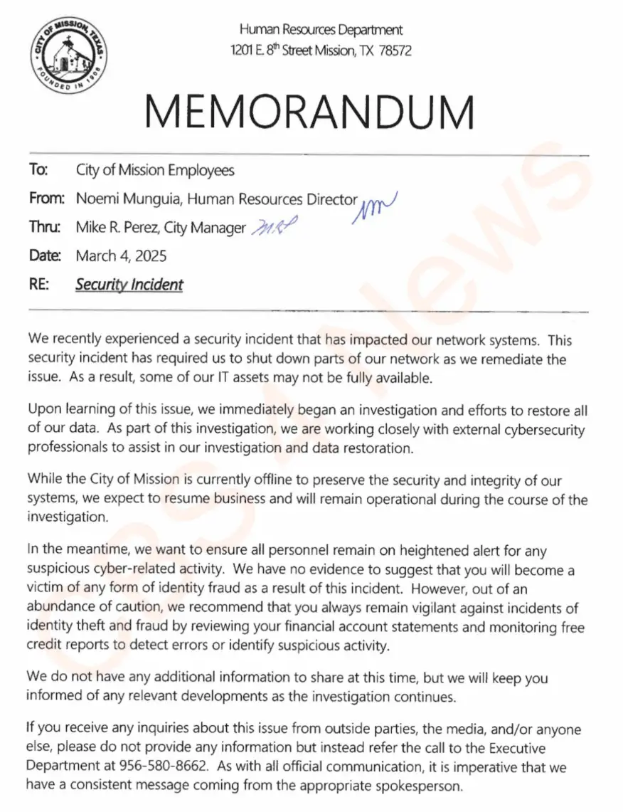 An official memorandum from the City of Mission, Texas, dated March 4, 2025, informing employees about a security incident affecting the city’s network and ongoing investigation efforts.