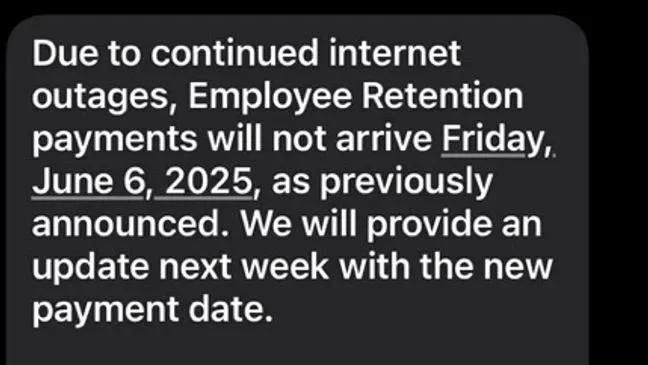 Screenshot of a text message from Lexington-Richland School District Five informing staff that employee retention payments will not arrive on Friday, June 6, 2025, due to continued internet outages, with a new payment date to be announced next week.