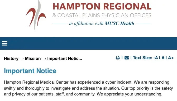 Screenshot of the Hampton Regional Medical Center website showing an "Important Notice" about a cyber incident, stating the hospital is investigating and prioritizing the safety and privacy of patients, staff, and the community.