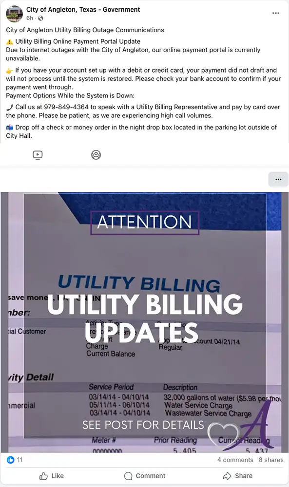 Screenshot of City of Angleton, Texas – Government Facebook post titled 'Utility Billing Online Payment Portal Update' stating the payment portal is unavailable due to 'internet outages' and listing phone/card and night drop box payment options.
