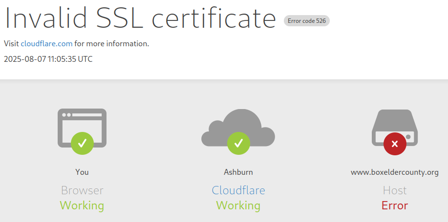 Screenshot showing a Cloudflare 526 error message for www.boxeldercounty.org, indicating an invalid SSL certificate and a host server error as of August 7, 2025.
