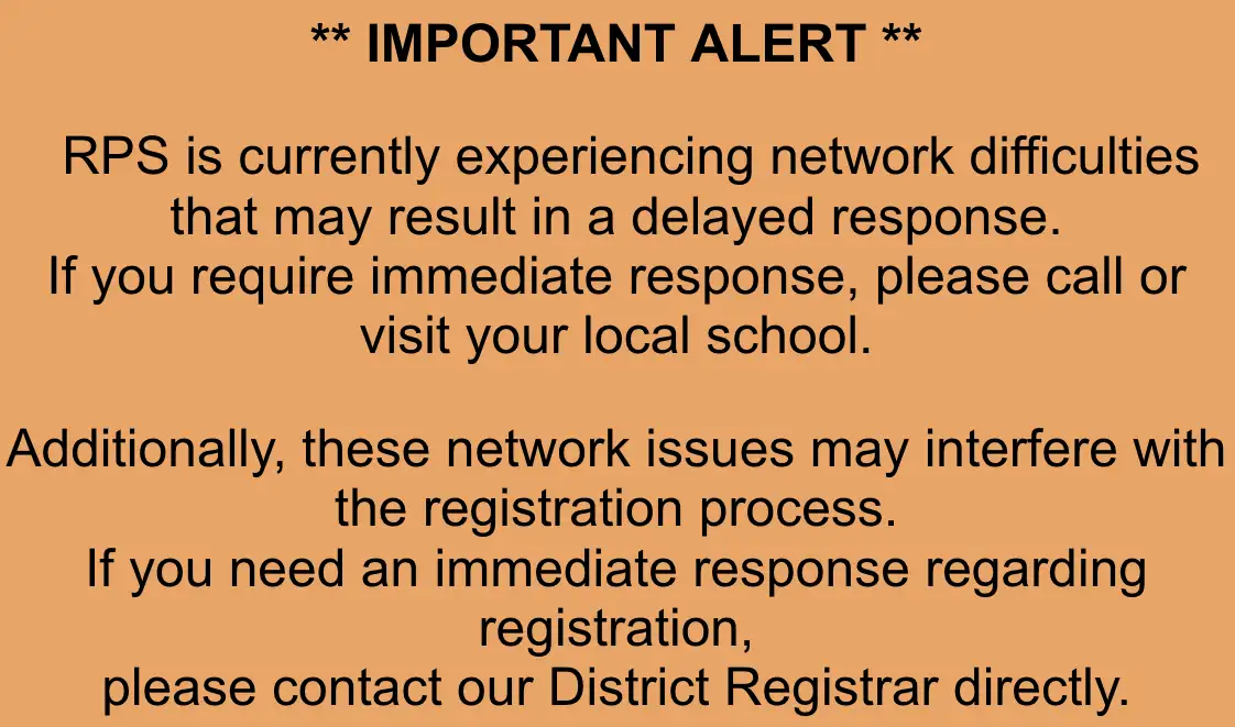 Orange alert message from Ridgefield Public Schools stating the district is experiencing network difficulties that may delay responses and impact registration. It advises contacting local schools or the District Registrar for immediate assistance.