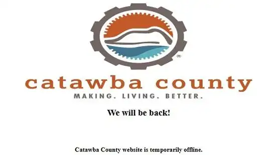 Catawba County logo above black text stating “We will be back! Catawba County website is temporarily offline.”