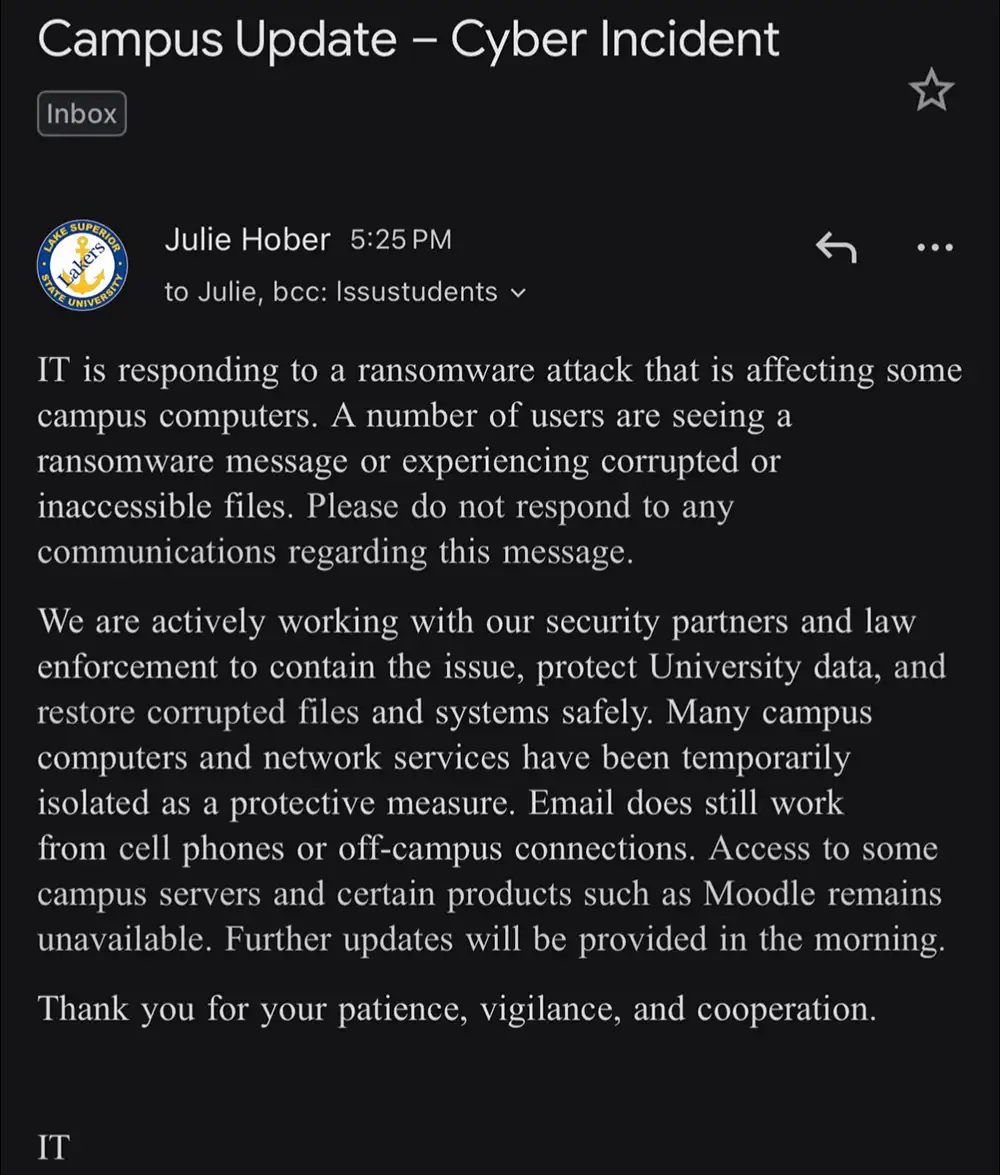 Phone screenshot of an email from LSSU CIO Julie Hober titled “Campus Update – Cyber Incident,” noting ransomware impact on campus systems and temporary isolation of services.
