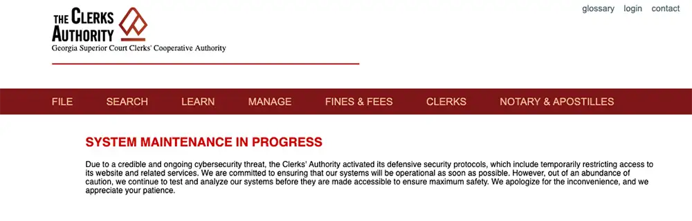 Screenshot of the Clerks’ Authority website homepage displaying a red banner and a notice reading “System maintenance in progress”.