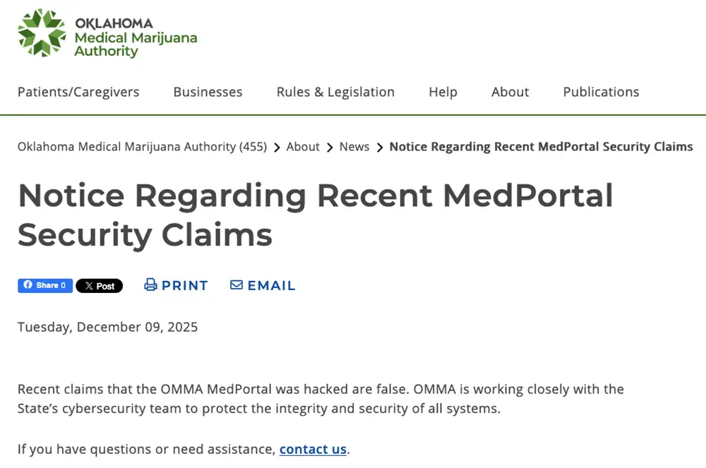 Screenshot of an OMMA webpage titled “Notice Regarding Recent MedPortal Security Claims,” dated Dec. 9, 2025, stating that claims the MedPortal was hacked are false and that OMMA is working with the state cybersecurity team.