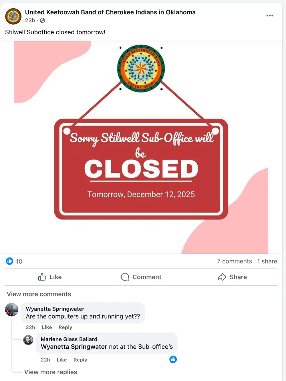 Screenshot of a Facebook post showing a red “CLOSED” sign that reads “Sorry Stilwell Sub-Office will be CLOSED, Tomorrow, December 12, 2025,” with comments below asking whether the computers are “up and running yet.”