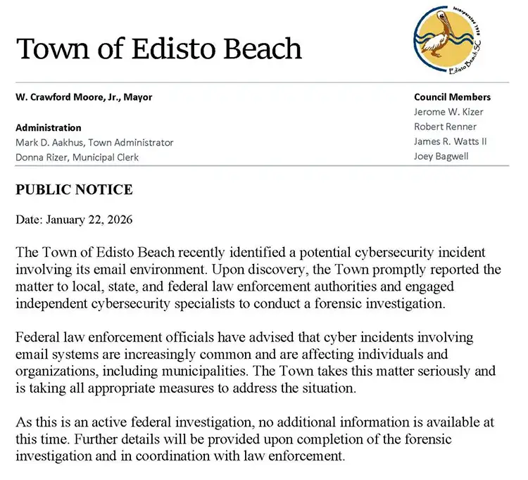 Screenshot of a Town of Edisto Beach public notice dated Jan. 22, 2026, about a potential cybersecurity incident affecting the town’s email environment.