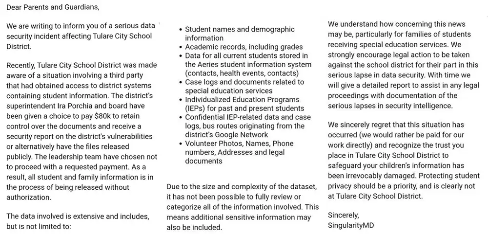 Screenshot of an alleged extortion message signed “SingularityMD.”