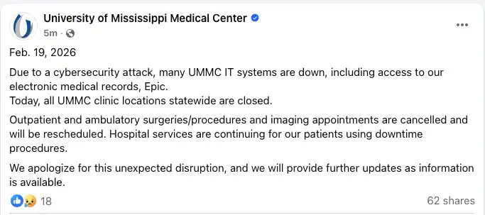 Screenshot of a UMMC Facebook post stating a cybersecurity attack has taken IT systems down, including Epic, closing clinics statewide and canceling outpatient procedures and imaging.