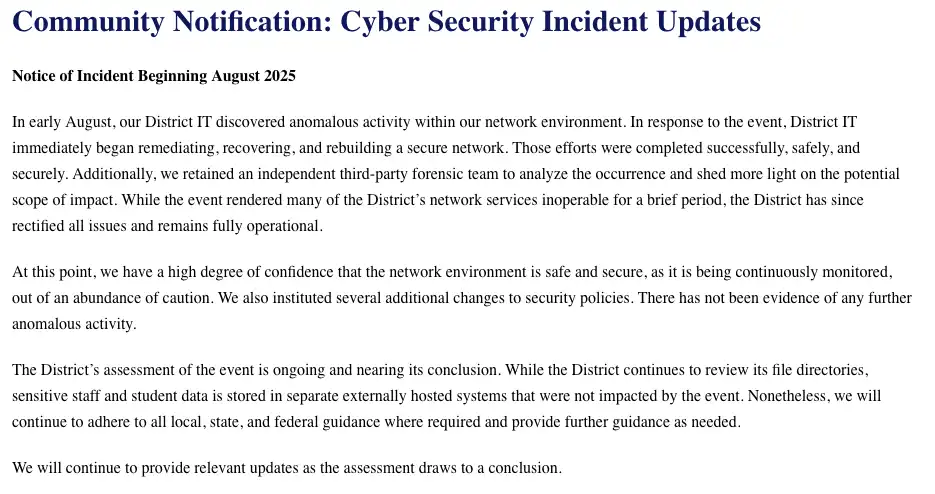 Screenshot of a Bellflower Unified School District web notice titled “Community Notification: Cyber Security Incident Updates” describing an August 2025 network incident and recovery efforts.