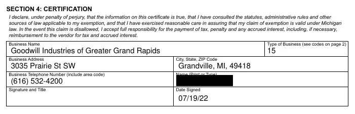 Screenshot of a redacted Michigan Sales and Use Tax Certificate of Exemption listing Goodwill Industries of Greater Grand Rapids, a Grandville, Michigan, address and a 2022 signature date.