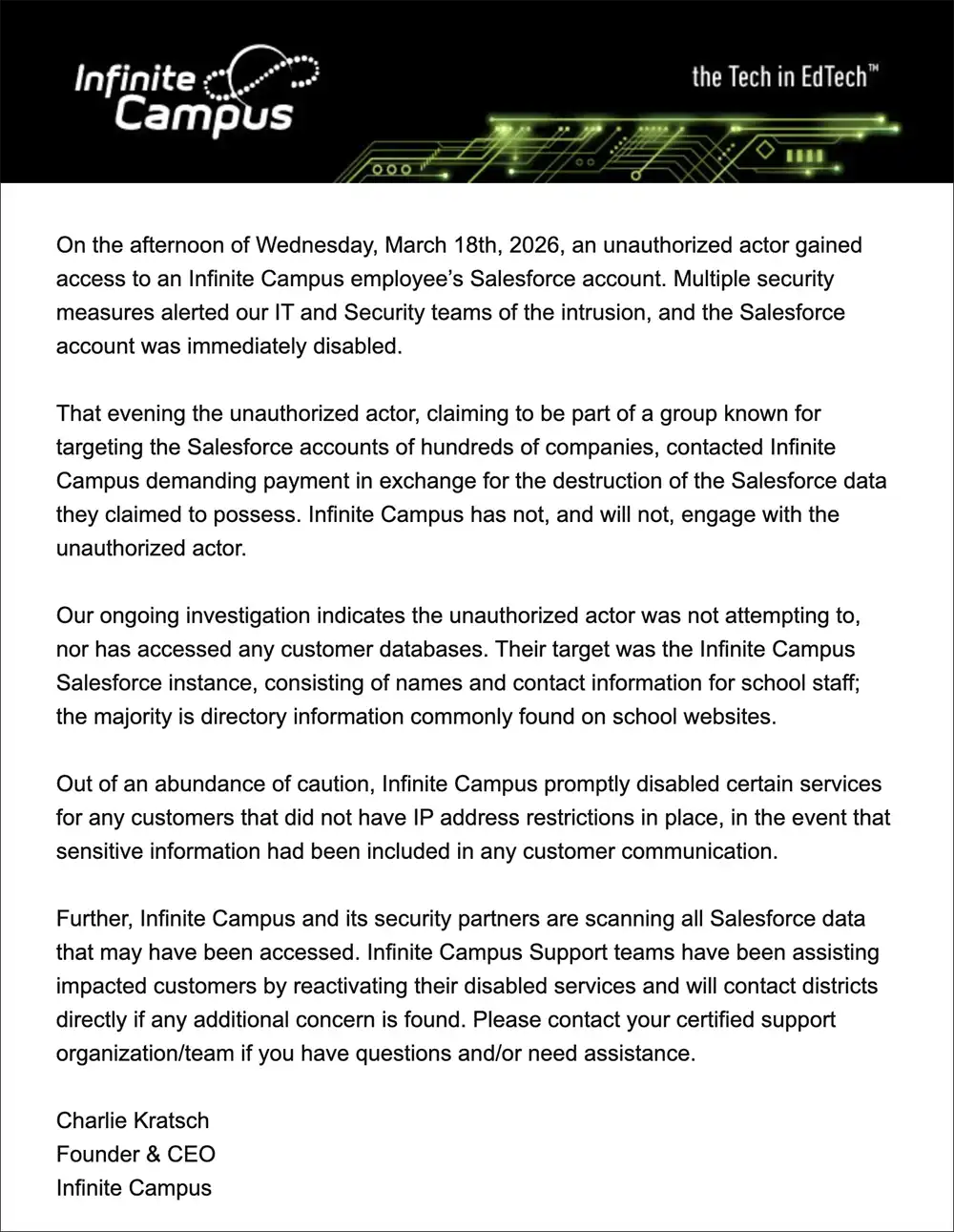 Screenshot of an Infinite Campus customer notice describing unauthorized access to an employee’s Salesforce account, an extortion demand, and precautionary service shutdowns.