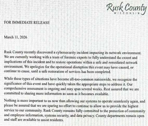 Screenshot of a Rusk County, Wisconsin press release dated March 11, 2026 describing a cybersecurity incident and ongoing recovery work.