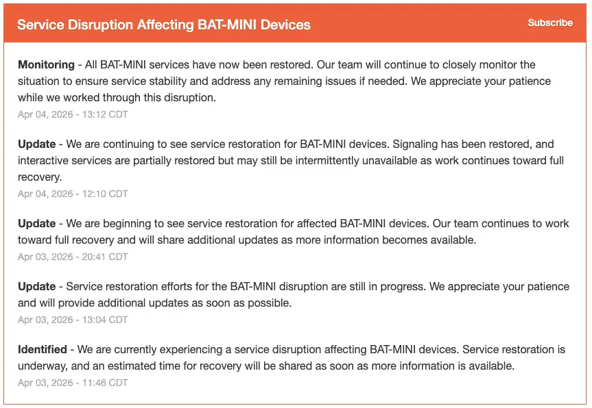 Screenshot of Alula’s status page titled “Service Disruption Affecting BAT-MINI Devices,” showing updates from April 3-4, 2026, including identification of the outage, gradual restoration, and a final notice that all BAT-MINI services were restored.