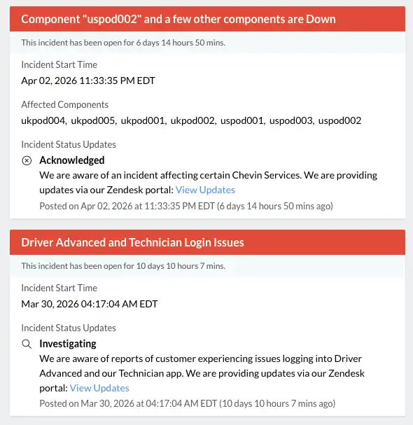 Screenshot of Chevin’s status page showing two alerts: an April 2 incident affecting several U.S. and U.K. components, and a March 30 notice about Driver Advanced and Technician login issues.