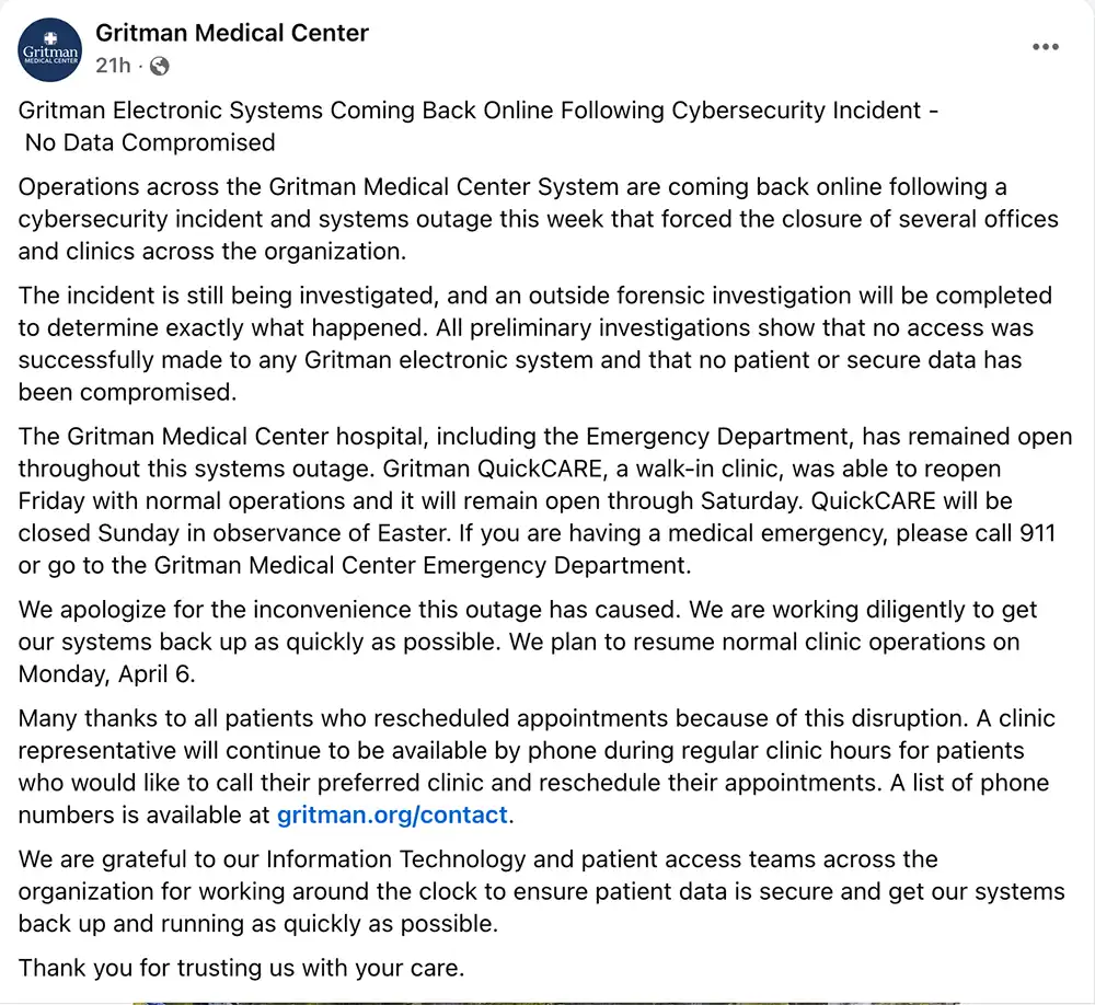 Screenshot of a Gritman Medical Center Facebook post stating that systems were coming back online after a cybersecurity incident and that no patient or secure data was compromised.