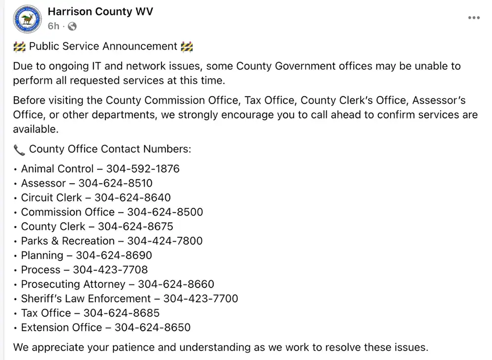 Screenshot of an April 23 Harrison County WV Facebook post listing county office phone numbers and warning that some services may be unavailable because of IT and network issues.