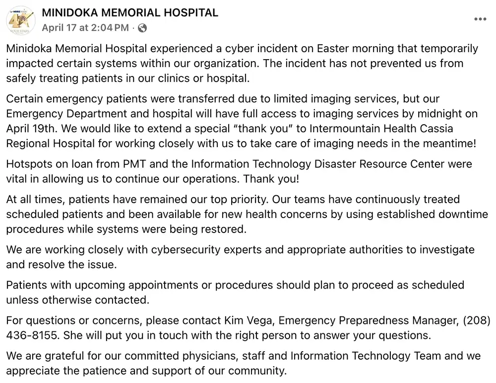 Screenshot of a Minidoka Memorial Hospital Facebook post describing a cyber incident, limited imaging services and temporary patient transfers.