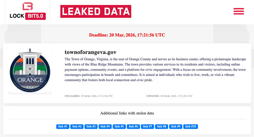 Screenshot of a LockBit5 leak site page showing townoforangeva.gov, a “Leaked Data” banner, and an upload timestamp of March 5, 2026.