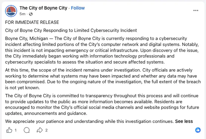 Screenshot of a City of Boyne City Facebook post announcing a limited cybersecurity incident affecting portions of the city’s computer network and digital systems.