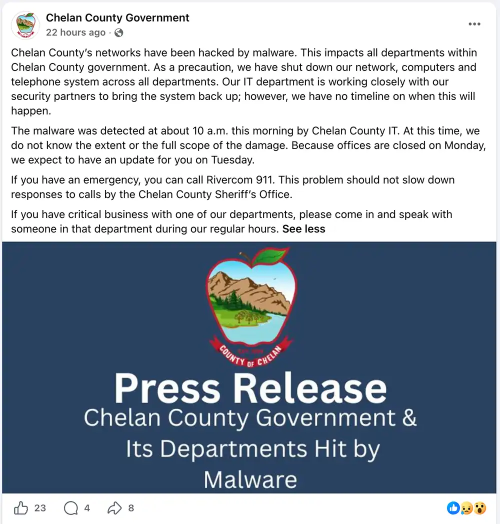 Screenshot of a Chelan County Government Facebook post announcing that county networks were hacked by malware and that computers and phone systems were shut down.