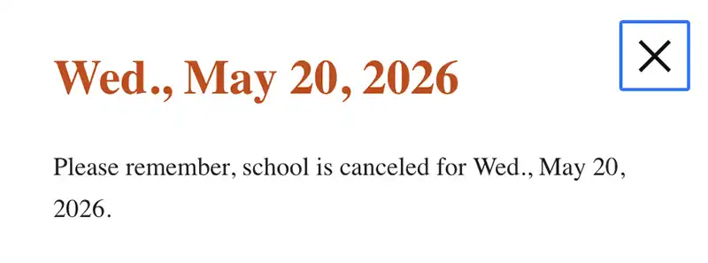 Screenshot of a Delano Public Schools website notice stating that school is canceled for Wednesday, May 20, 2026.
