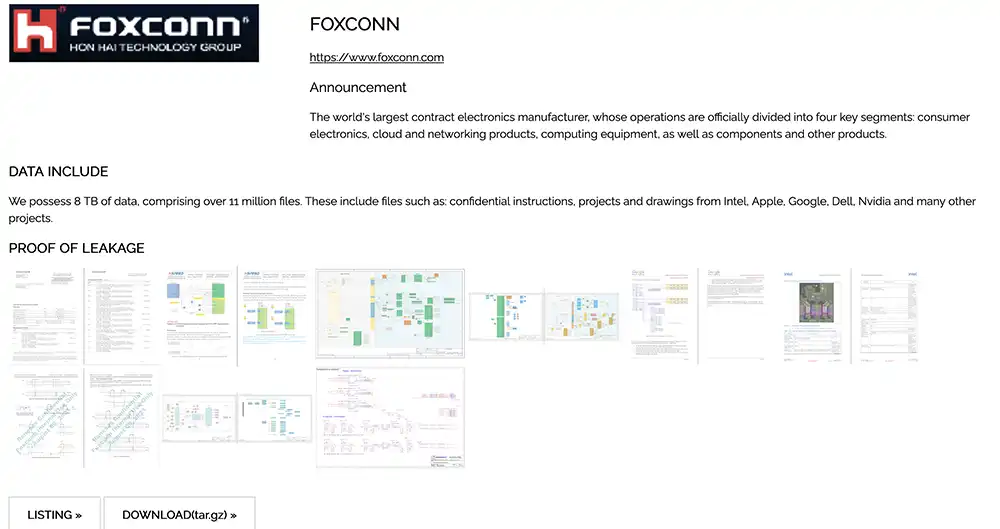 Screenshot of a Nitrogen ransomware group leak-site post claiming 8 terabytes of Foxconn data and showing small sample images labeled as proof of leakage.