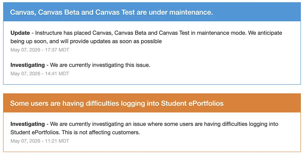 Screenshot of an Instructure status page showing Canvas, Canvas Beta and Canvas Test under maintenance, with a May 7, 2026, update saying the company anticipated the services would be up soon.
