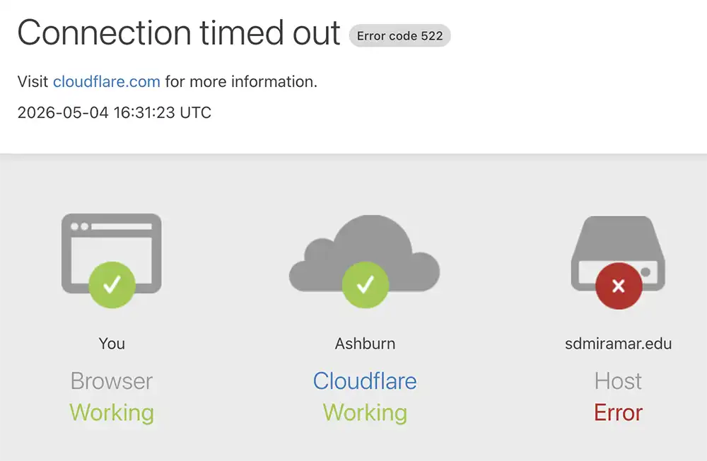 Screenshot of a Cloudflare 522 error page for sdmiramar.edu showing the browser and Cloudflare working and the host returning an error.