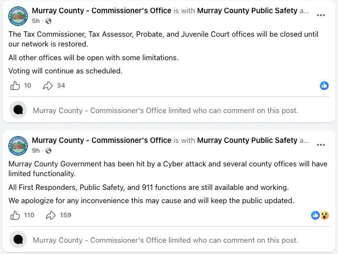 Screenshot of two Murray County Commissioner’s Office Facebook posts saying a cyberattack caused limited county office functionality, with 911 and voting continuing.