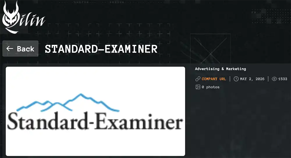Screenshot of a Qilin ransomware leak-site listing for “STANDARD-EXAMINER,” showing the newspaper’s logo, a May 2, 2026 date and a link to the company website.