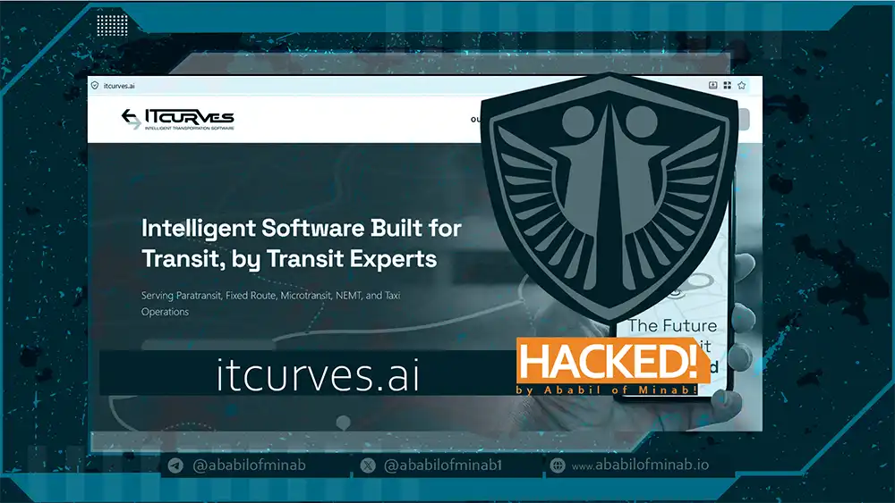Graphic from Ababil of Minab claiming IT Curves was hacked, with a screenshot of the IT Curves website and a shield emblem.
