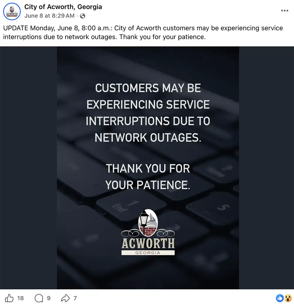 Screenshot of a June 8 Facebook post from the city of Acworth, Georgia, warning customers of possible service interruptions due to network outages.