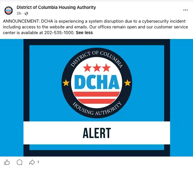 Screenshot of a DCHA Facebook alert saying a cybersecurity incident disrupted website and email access while offices remained open.