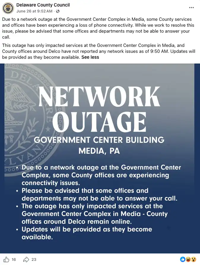 Facebook post from Delaware County Council announcing a network outage at the Government Center Complex in Media, Pennsylvania.