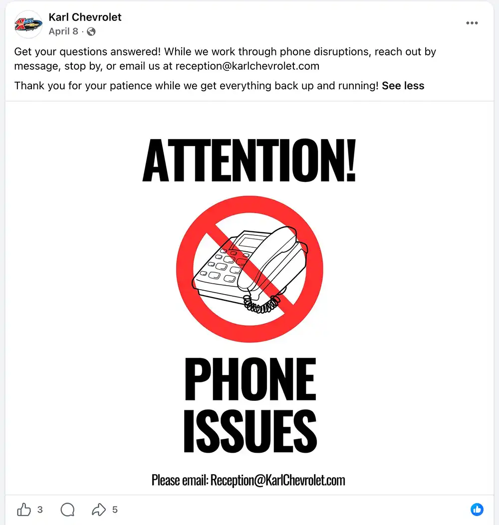 Screenshot of a Karl Chevrolet Facebook post saying the dealership was working through phone disruptions and directing customers to email, message or stop by.