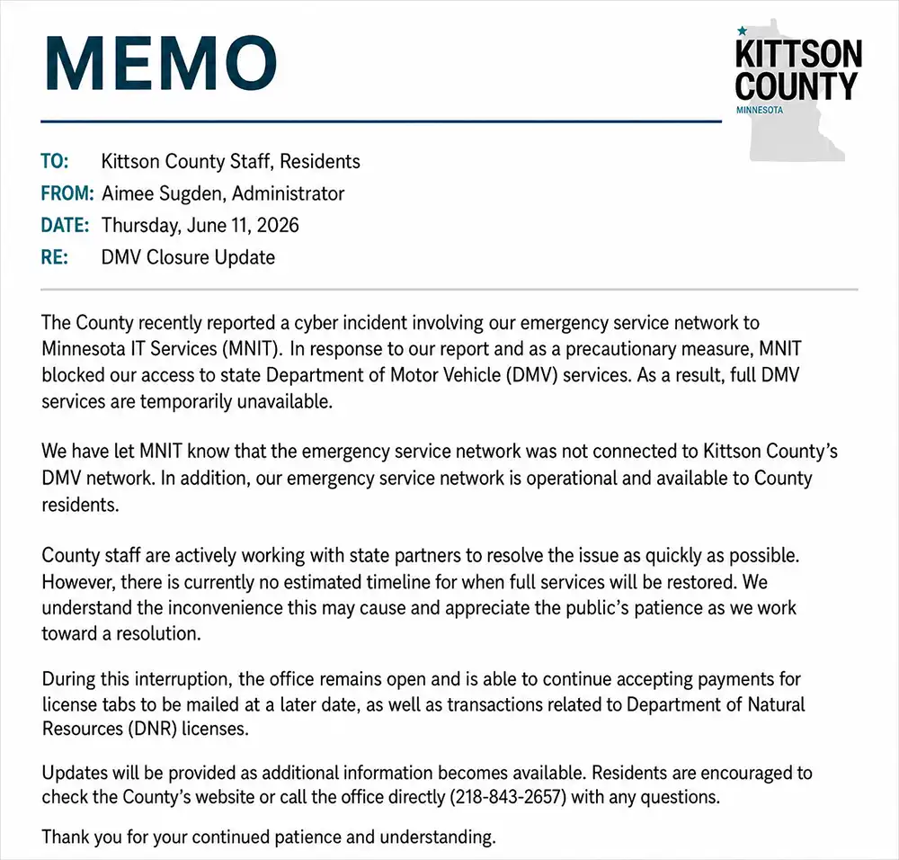 Screenshot of a Kittson County memo dated June 11, 2026, describing a cyber incident involving the emergency service network and a temporary DMV service closure.