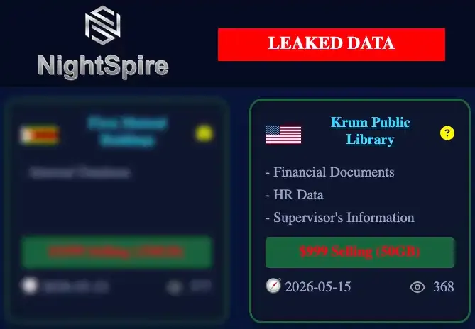 Screenshot of a NightSpire leak-site listing claiming Krum Public Library data was for sale, with another listed victim blurred out.
