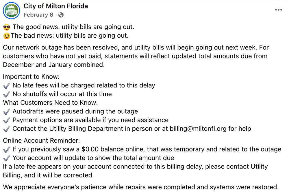 Screenshot of a City of Milton Facebook post describing a February utility billing update after a network outage.