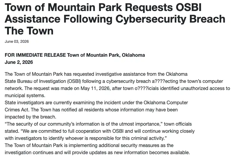 Screenshot of a Town of Mountain Park website notice about a cybersecurity breach affecting the town’s computer network and an OSBI investigation.