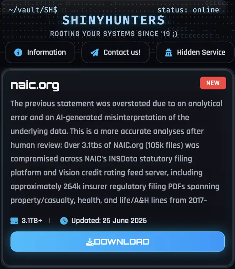 Screenshot of a ShinyHunters leak-site post claiming more than 3.1 TB of NAIC.org data was compromised.