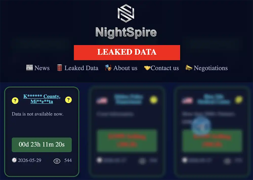 Screenshot of the NightSpire leak site showing an obfuscated listing reading “K**** County, Mi**s**ta,” with text saying data is not available and a countdown timer.**