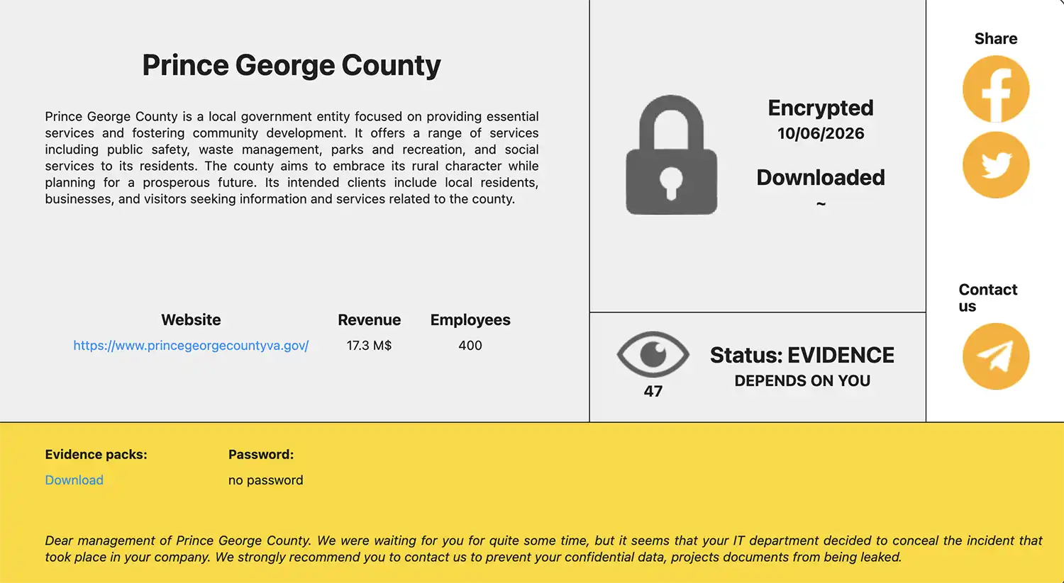 RansomHouse leak-site listing for Prince George County showing an encryption claim, an evidence-pack link and a warning about possible data leakage.