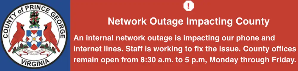 Prince George County website banner warning that a network outage is affecting county phone and internet lines while offices remain open.