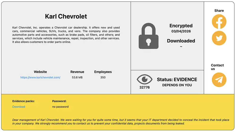 Screenshot of a RansomHouse leak-site entry naming Karl Chevrolet and listing an encrypted date of April 3, 2026.
