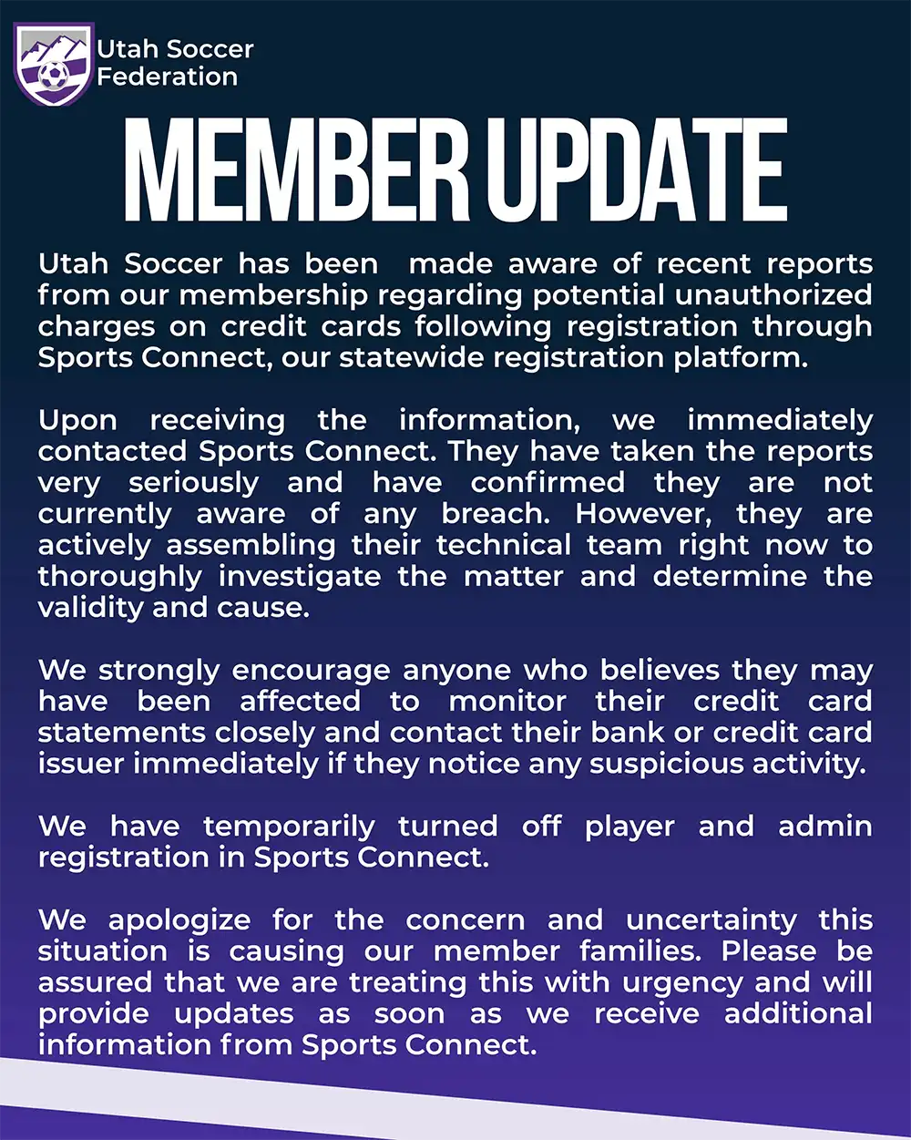 Screenshot of a Utah Soccer Federation member update warning families about reported unauthorized credit card charges after Sports Connect registration.