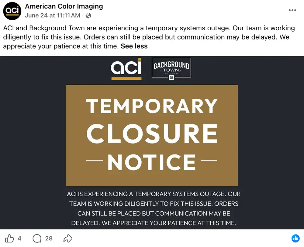 Screenshot of American Color Imaging’s June 24 Facebook post announcing a temporary systems outage.
