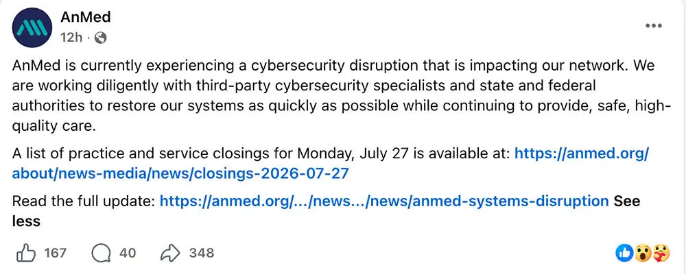 Screenshot of an AnMed Facebook post saying a cybersecurity disruption was affecting its network and linking to Monday closures and a full system update.